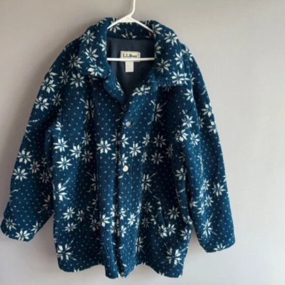 Vintage L.L. Bean Navy Snowflake Fleece Coat - Picture 1 of 7